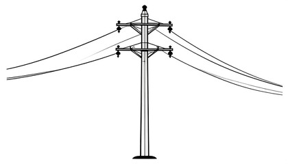 Utility pole with wires, detailed line drawing on white. Precise and clean