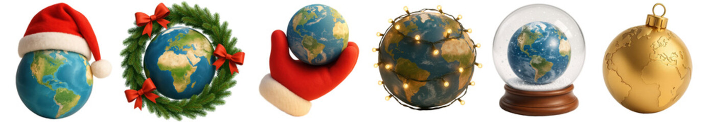 PNG 3D Christmas planet element set on transparent background. Christmas all over the world.