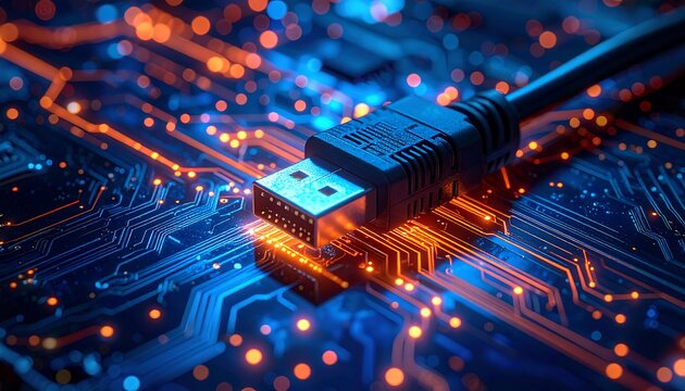 USB connector atop a glowing circuit board, pathways illuminated in blue and orange