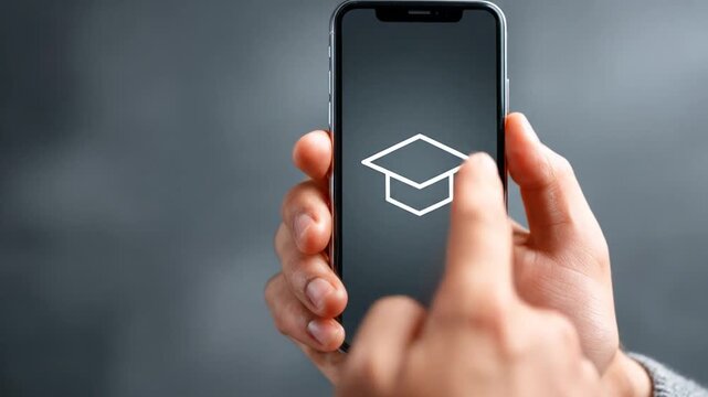 Hand touching phone screen displaying graduation cap icon