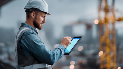 Construction engineer using digital technology for future building design at a construction site during overcast weather in an urban area - Powered by Adobe