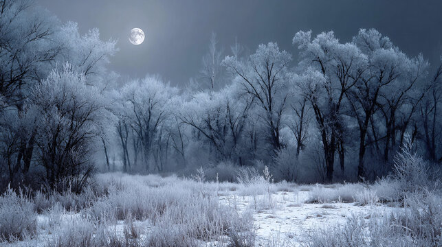 Christmas frosted forest under pale moon 