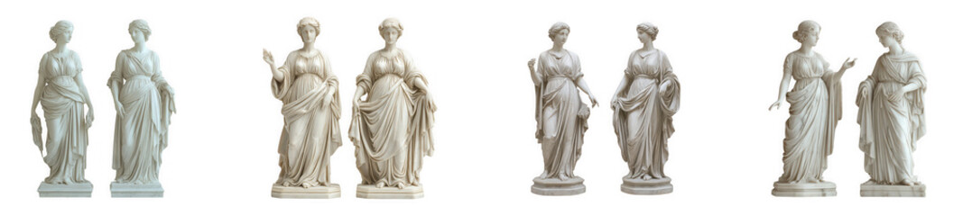Collection of four ancient greek or roman style marble statues of women, isolated on transparent background