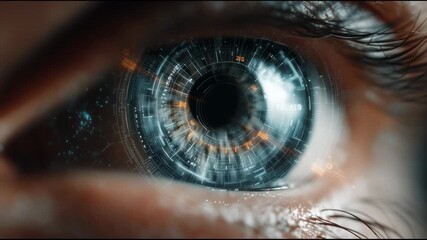 A human eye scanning into a holographic passkey system, iris recognition animation, glowing lines and codes, extremely detailed cybersecurity concept. - Powered by Adobe