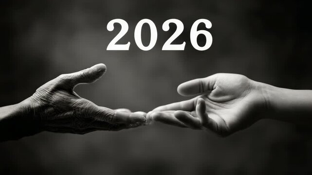 Generational exchange: elderly and young hands reaching out with 2026 in focus