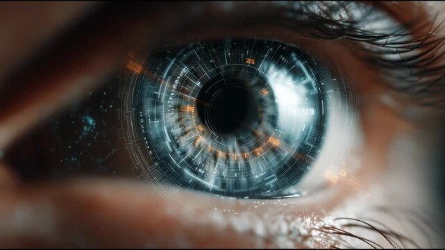 A human eye scanning into a holographic passkey system, iris recognition animation, glowing lines and codes, extremely detailed cybersecurity concept.