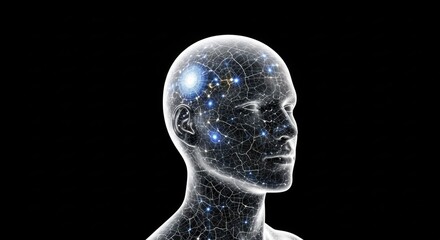 A human head with a digital grid overlay, featuring a brain with starburst patterns and a glowing brain in the center, set against a black background.