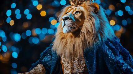 Stuffed lion dressed as a prince on blue lights background