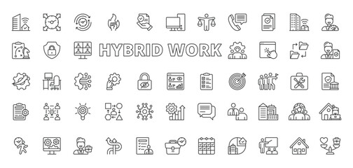Hybrid work icons in line design. Remote, office, communication, teamwork, video call, laptop, productivity, home office, digital, flexibility on white background vector. Hybrid work editable stroke i