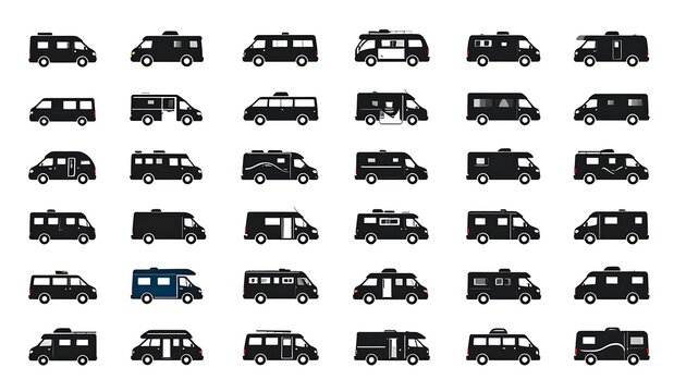 Varied silhouettes of camper vans, minivans, and recreational vehicles are presented as icons against a white background