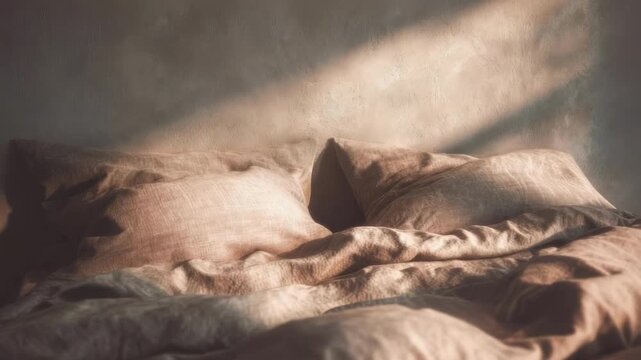 A rumpled bed with brown sheets and pillows bathed in warm, soft light.