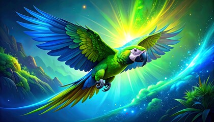 Vibrant parrot soaring amidst a lush, stylized landscape with ethereal light and swirling, colorful sky elements