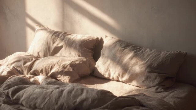 A sunlit, unmade bed with rumpled blankets and fluffy pillows.