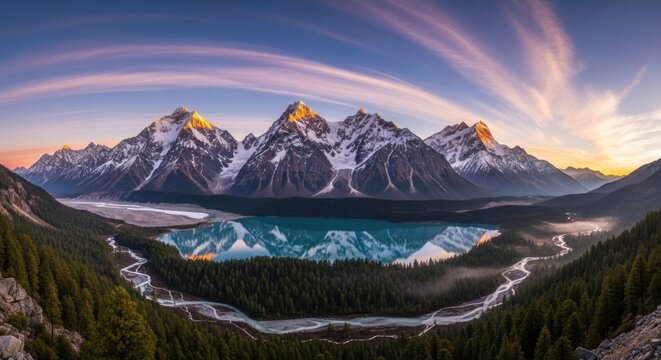 A stunning mountain landscape with a lake at the base of a snow-capped peak, with a vibrant sunset sky and a reflection of the mountains in the water.