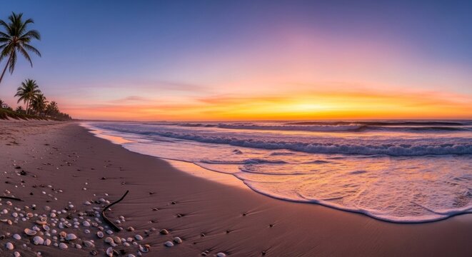 A serene beach scene with a palm tree, waves, and a colorful sunset.