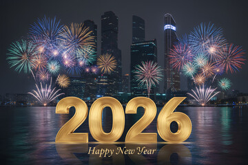 2026 happy new year fireworks over modern city skyline at night