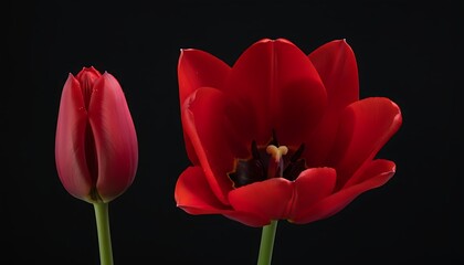 Close-up studio shot of a red tulip in bud beside a fully opened bloom on a black background