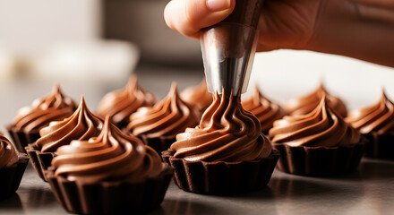 Hand Piping Chocolate Frosting onto Mini Tarts icing piping bag
