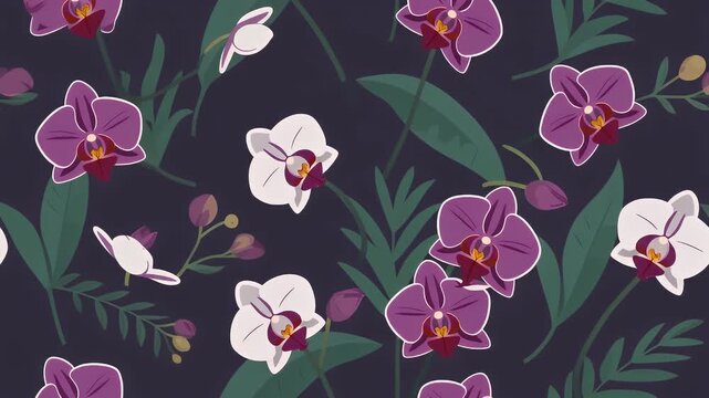 Floral seamless pattern with blooming purple and white orchids on a dark background, elegant botanical illustration for textile and wallpaper