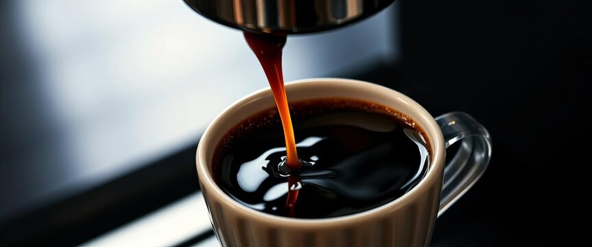 Dark, rich espresso streams from a gleaming portafilter into a cup,  texture,  delicious - Powered by Adobe