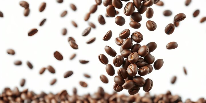 Dark roasted coffee beans falling in mid-air, isolated on pure white background, sharp focus,  element,  background - Powered by Adobe