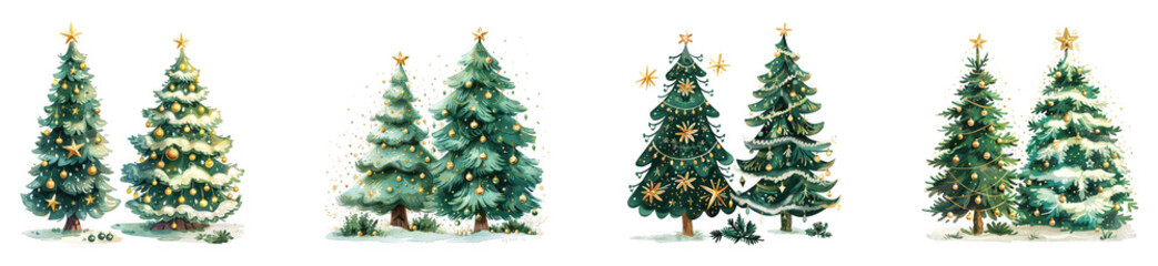 Fototapeta premium Collection of watercolor christmas trees with snow and stars isolated on transparent background