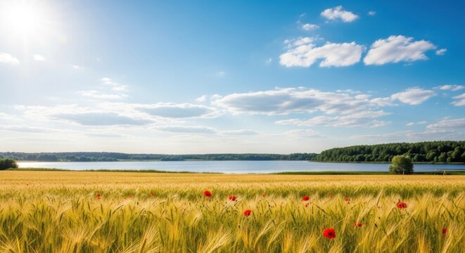 A serene landscape featuring a vast, golden wheat field with vibrant red poppies, a tranquil lake in the distance, and a clear blue sky dotted with fluffy white clouds. - Powered by Adobe
