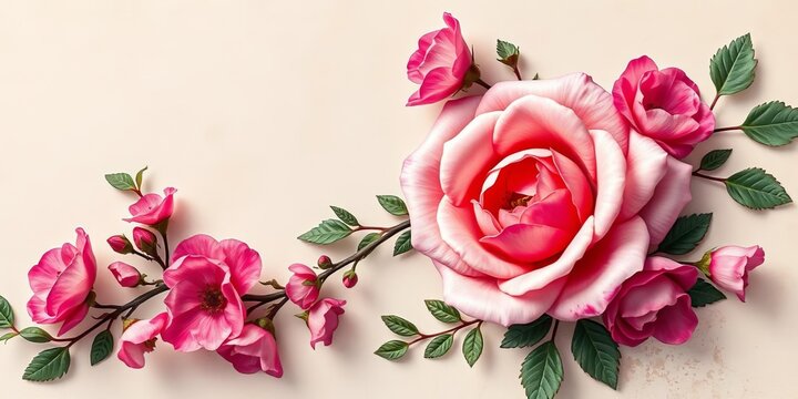 Delicate, faded rose and ivy print on textured paper,  home decor,  stock photo