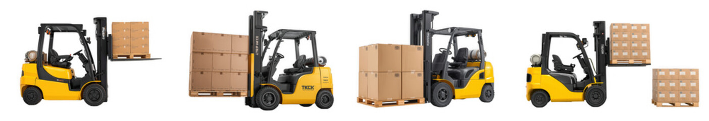 Forklift truck moving wooden boxes and pallets in a warehouse, isolated on transparent background