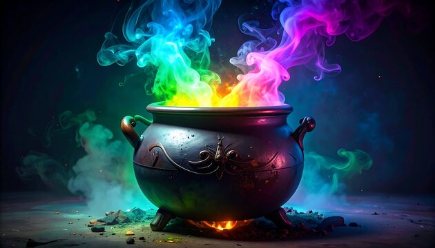 Vibrant rainbow smoke erupts from a dark, ornate cauldron resting on a grimy surface, lit by an orange glow - Powered by Adobe