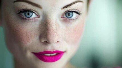 Close-up of a young woman with freckles, striking blue eyes, and bright pink lipstick with rosy cheeks.