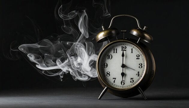 Vintage alarm clock set at 6 o'clock with wisps of smoke curling around it, against a dark backdrop