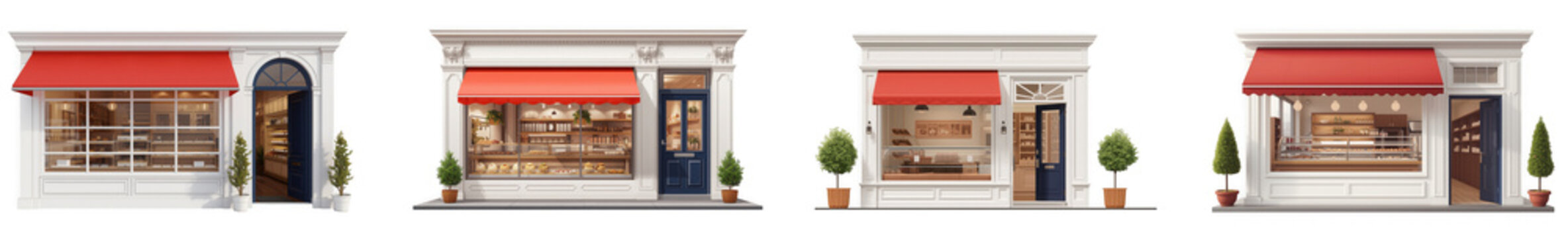 Exterior view of four charming bakery shops with red awnings and display windows, isolated on transparent background