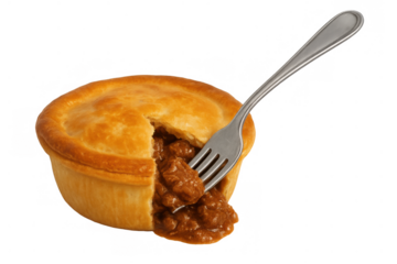 Meat pie with gravy filling and golden crust, fork breaking crust, savory comfort food, transparent background