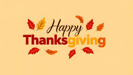 Happy Thanksgiving Greeting with Gradient Text and Scattered Autumn Leaves on Yellow Background