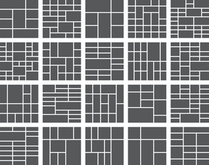 Collection of twenty geometric photo collage grid layouts for album design
