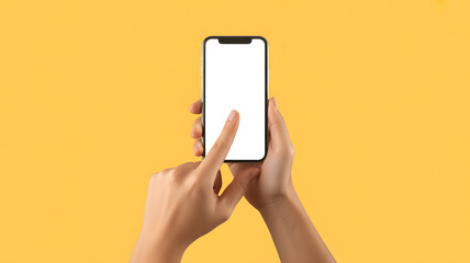Close up of a person s hands holding a modern smartphone with a blank white screen and a finger touching the display