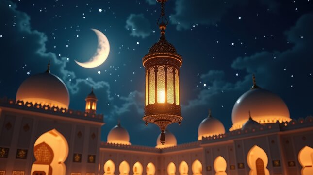 Ramadan lantern hangs in front of mosque domes under a starry night sky with crescent moon