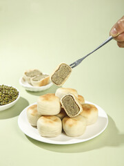 Traditional Mung Bean Cake Dessert with Green Filling Asian Confectionery Sweet Treat