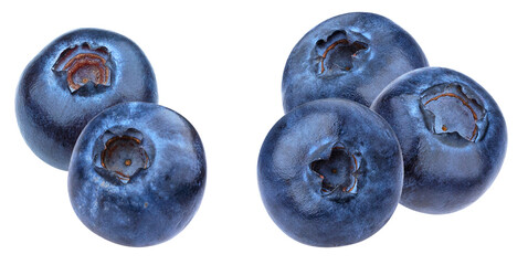 perfect cluster of four large, ripe, deep blue blueberries, freshly picked and isolated against a clean transparent background, ideal for product presentations.