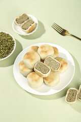 Traditional Mung Bean Cakes Old Fashioned Asian Dessert Snacks with Green Filling