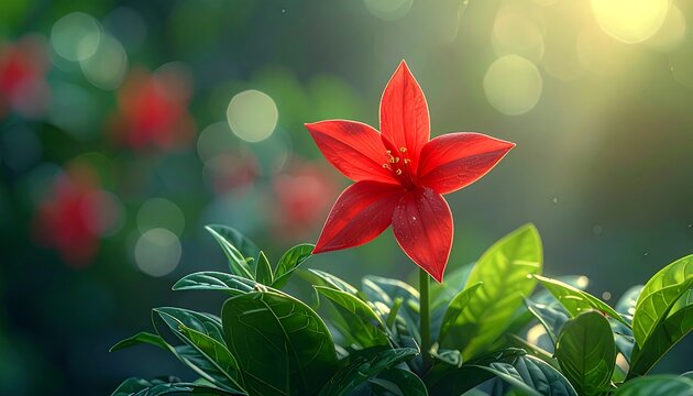 Vibrant red five-petaled flower in focus, bathed in sunlight, surrounded by greenery and bokeh background