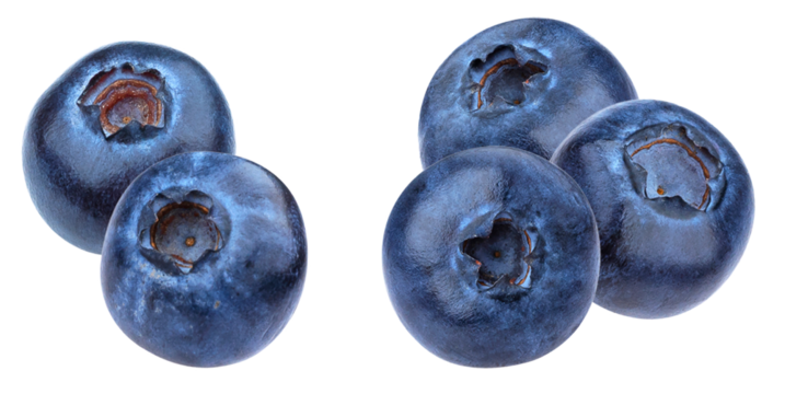 perfect cluster of four large, ripe, deep blue blueberries, freshly picked and isolated against a clean transparent background, ideal for product presentations.