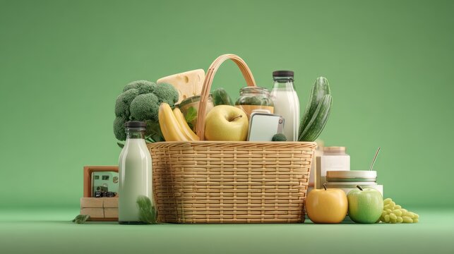 Basket of fresh produce and dairy products isolated on green backdrop