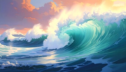 Fototapeta premium Vivid, stylized ocean waves cresting under a pastel sunset sky with fluffy clouds in the distance