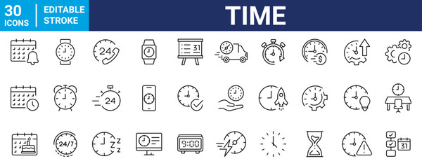 Time and Clock web icons in line style. Calendar, timer, time, stopwatch, countdown, collection. editable. Vector illustration.