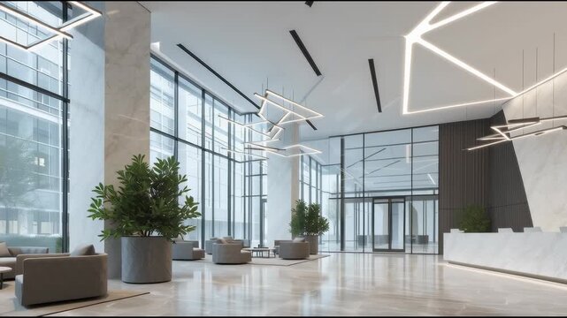 Modern office lobby with floor-to-ceiling glass windows, soft LED lighting, polished floors, realistic natural and artificial light blending.