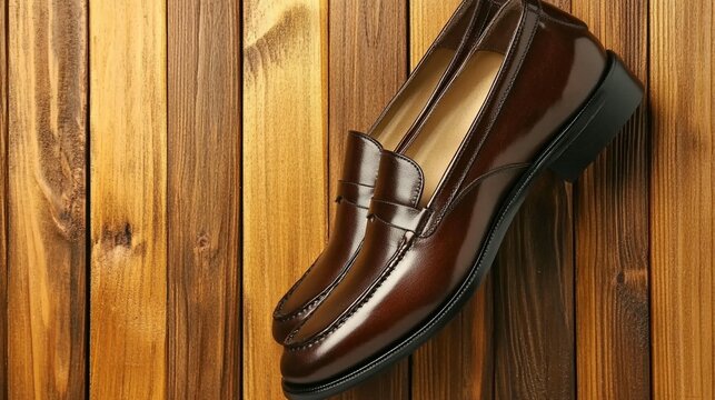 Classic brown leather loafer shoes resting stylishly on a rustic wooden plank background