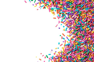 Obraz premium Colorful sprinkles spill over a black background, leaving a centered empty space