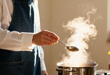 Person cooking with a spoon over a steaming pot in a sunlit kitchen. Close-up of a hand preparing a hot homemade meal. Culinary lifestyle and gastronomy concept